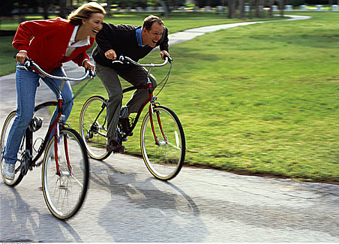 伴侣,骑,自行车,道路,公园