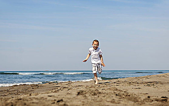 可爱,小男孩,跑,海滩,开心