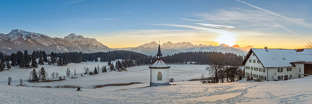 落日,小教堂,德国,巴伐利亚
