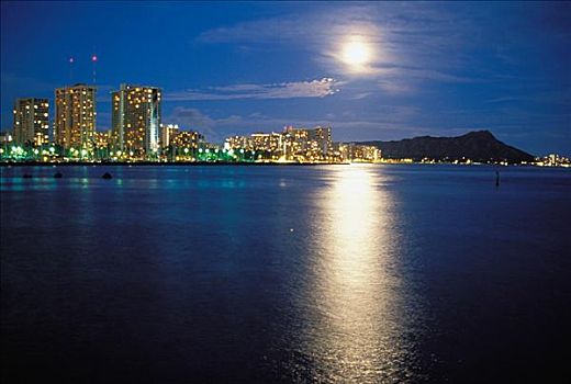 夏威夷,瓦胡岛,钻石海岬,满月,怀基基海滩,夜晚,反射,月亮,光线