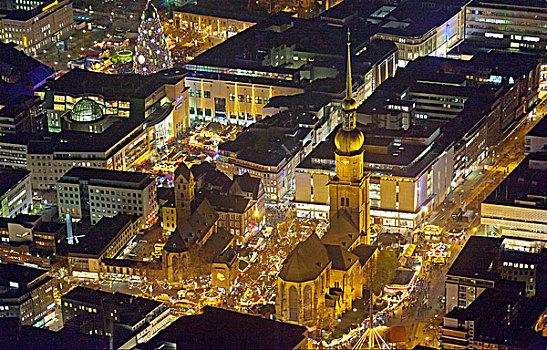 航拍,夜景,教堂,圣诞市场,城镇中心,多特蒙德,鲁尔区,北莱茵-威斯特伐利亚,德国,欧洲