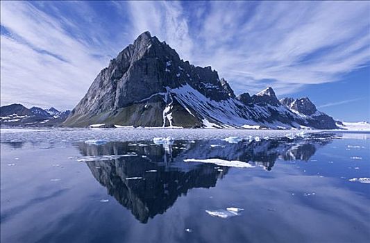 山,反射,斯匹次卑尔根岛,挪威