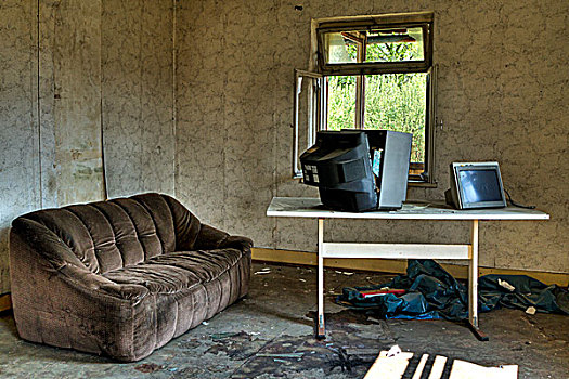 客厅,老,沙发,电视,破败,房子