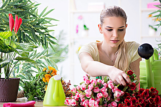 美女,浇水,植物,花园