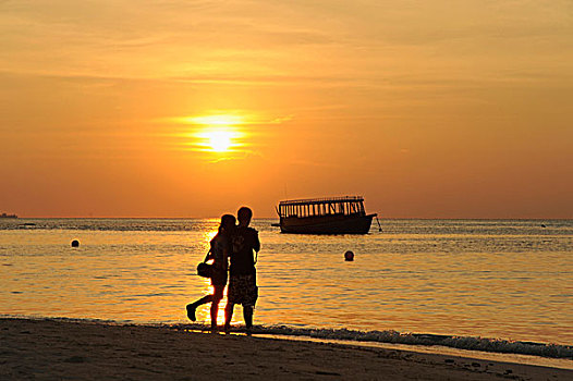 伴侣,海滩,马尔代夫,岛屿,日落,印度洋