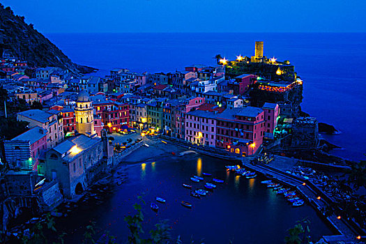 欧洲,意大利,五渔村,维纳扎,山坡,城镇,俯视