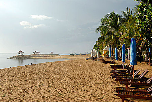 长,沙滩,折叠躺椅,海滩,沙努尔,巴厘岛,印度尼西亚,东南亚,亚洲