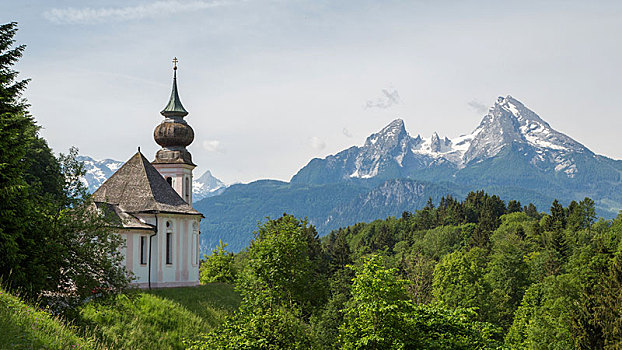 玛丽亚-格恩,朝圣教堂,正面,瓦茨曼山,国家公园,贝希特斯加登地区,巴伐利亚