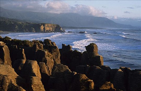 日落,薄烤饼,石头,海浪,海滩,背景,西海岸,南岛,新西兰