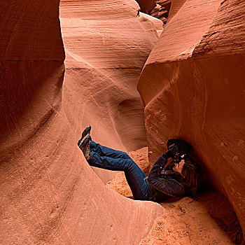 女人,摄影,狭缝谷,开瓶器,峡谷,羚羊谷,页岩,亚利桑那,美国