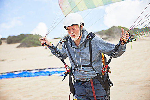 专注,成年,雄性,滑翔伞,设备,降落伞,海滩