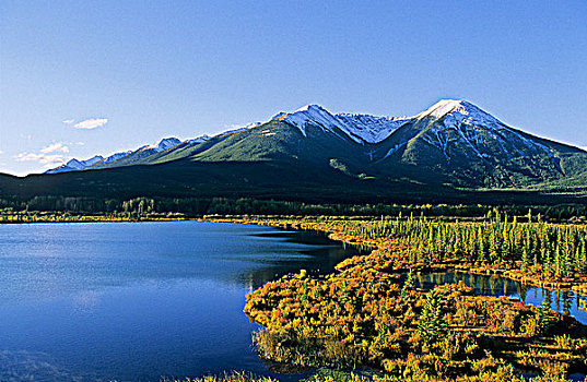 朱红色,湖,秋色,班芙国家公园,艾伯塔省,加拿大