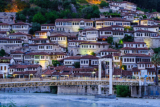 土耳其,房子,地区,桥,上方,河,黃昏,培拉特,阿尔巴尼亚,欧洲