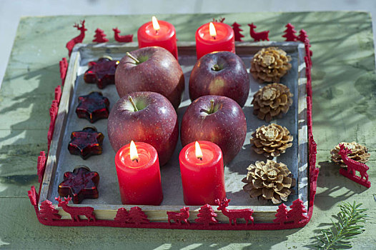 木质,托垫,红色,蜡烛,苹果,苹果树