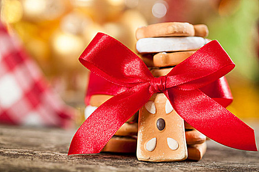 饼干,红色,蝴蝶结,圣诞灯光
