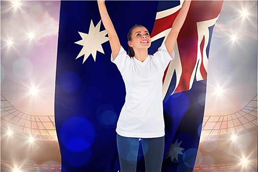 兴奋,球迷,白色,欢呼,拿着,澳大利亚,旗帜,大,足球场,鲜明,蓝天
