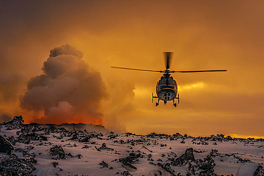 直升飞机,飞,火山,喷发,裂缝,靠近,冰岛,八月,北方,岩浆,巴德
