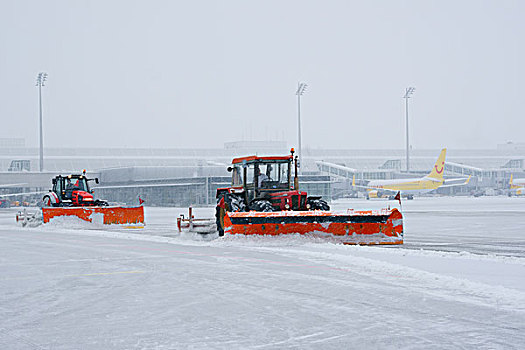 雪,冬天,扫雪机,区域,西部,1号航站楼,慕尼黑机场,巴伐利亚,德国,欧洲