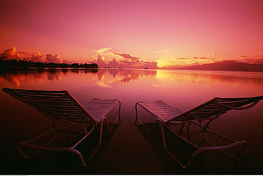 沙滩椅,面对,日落,茉莉亚岛,塔希提岛,法属玻利尼西亚