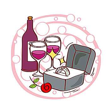 插画,订婚戒指,盒子,玫瑰,葡萄酒瓶