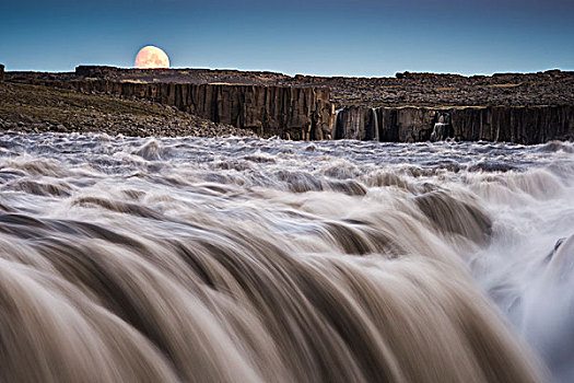 月亮,上升,瀑布,北方,冰岛