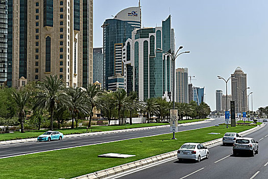 滨海路,街道,摩天大楼,多哈,卡塔尔,亚洲