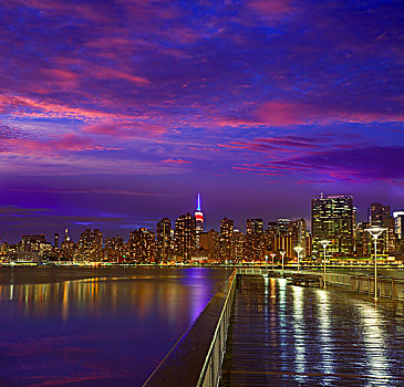 曼哈顿,纽约,天际线,日落,下雨,黃昏,东河,美国