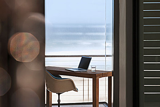 笔记本电脑,书桌,现代住宅,办公室,远眺,海洋