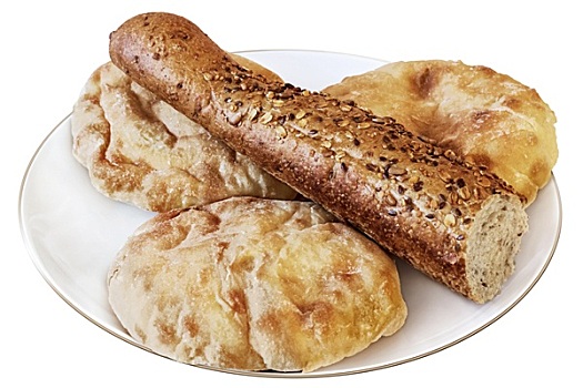三个,皮塔饼,面包,法棍面包,一半,白色背景,盘子