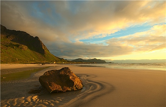 石头,海滩,照亮,挪威,子夜太阳