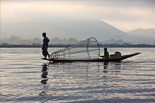 缅甸,茵莱湖,捕鱼者,传统,鱼,困境,怪异,技巧,推动,船,湖,站立