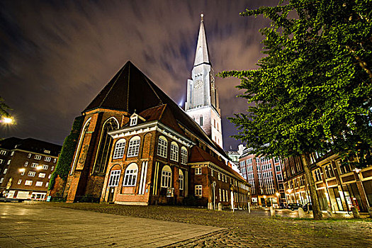 汉堡市,夜晚,照片,长,定时暴光,教堂