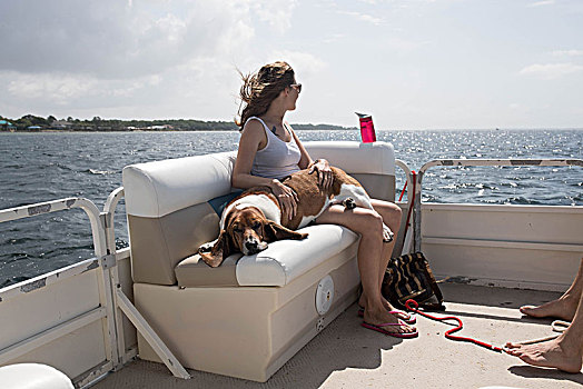 女人,宠物,狗,放松,船
