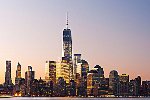 城市天际线,黎明,一个,世界贸易中心,下曼哈顿,纽约,美国