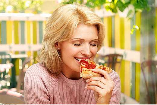 女人,吃饭,比萨饼