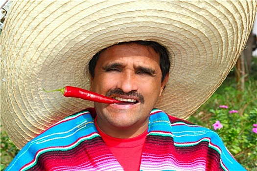 墨西哥人,男人,雨披,阔边帽,吃,红色,辛辣,辣椒