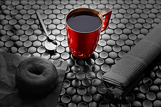 咖啡,红色,杯子,报纸,早晨,早餐,旧式,木桌子