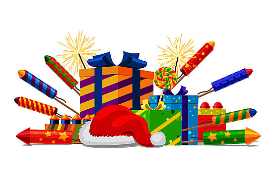 烟花,焰火,礼盒,帽子,隔绝,白色背景,矢量,插画,彩色,装置,烟火,新年,圣诞装饰