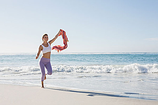 运动,金发,慢跑,海滩,围巾