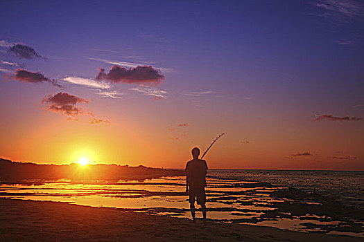 夏威夷,剪影,捕鱼者,日落