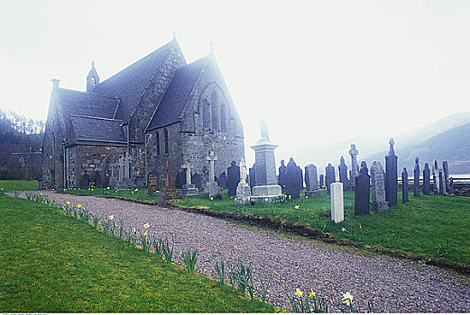 教堂,墓地,雾,靠近,洛蒙德湖,苏格兰