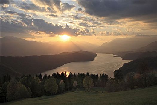 湖,日落,卡林西亚,奥地利