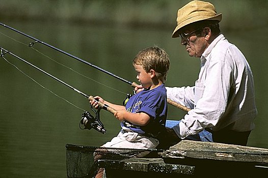 爷爷,孙子,钓鱼,湖