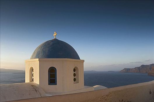 教堂,圆顶,晨光,锡拉岛,基克拉迪群岛,爱琴海,希腊