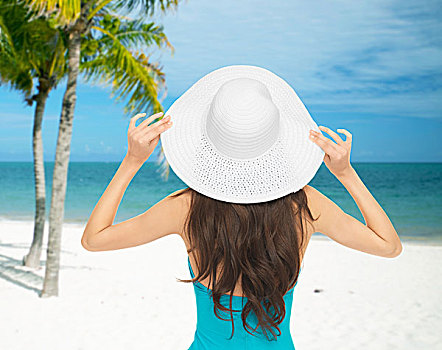 夏天,度假,概念,坐,女人,泳衣,帽子