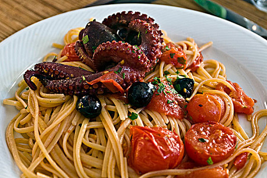 海鲜,意大利面,章鱼,小,西红柿,那不勒斯,坎帕尼亚区,意大利