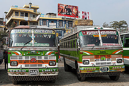 尼泊尔,巴士,公交车站,建筑,广告,波卡拉,亚洲