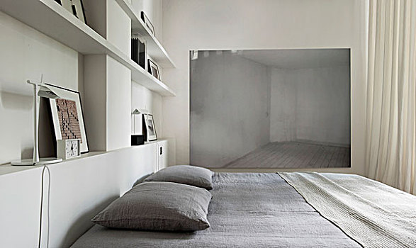 枕头,现代,双人床,墙壁,合适,架子,艺术品,背景
