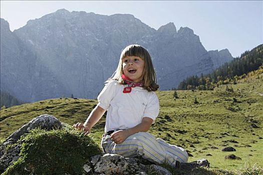 山,远足,孩子,女孩,山峦,阿尔卑斯山,奥地利,欧洲
