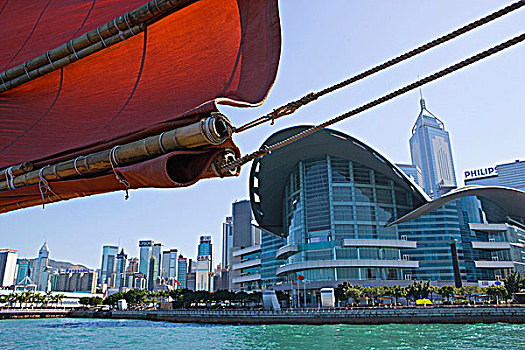 中国帆船,维多利亚港,湾仔,天际线,背景